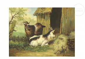 P. Larson (20th century) ‘Goats by the stable’