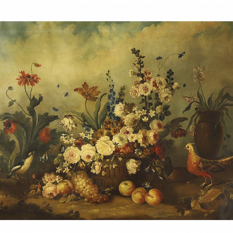 Spanish school early 20th century “Still life with basket and birds”