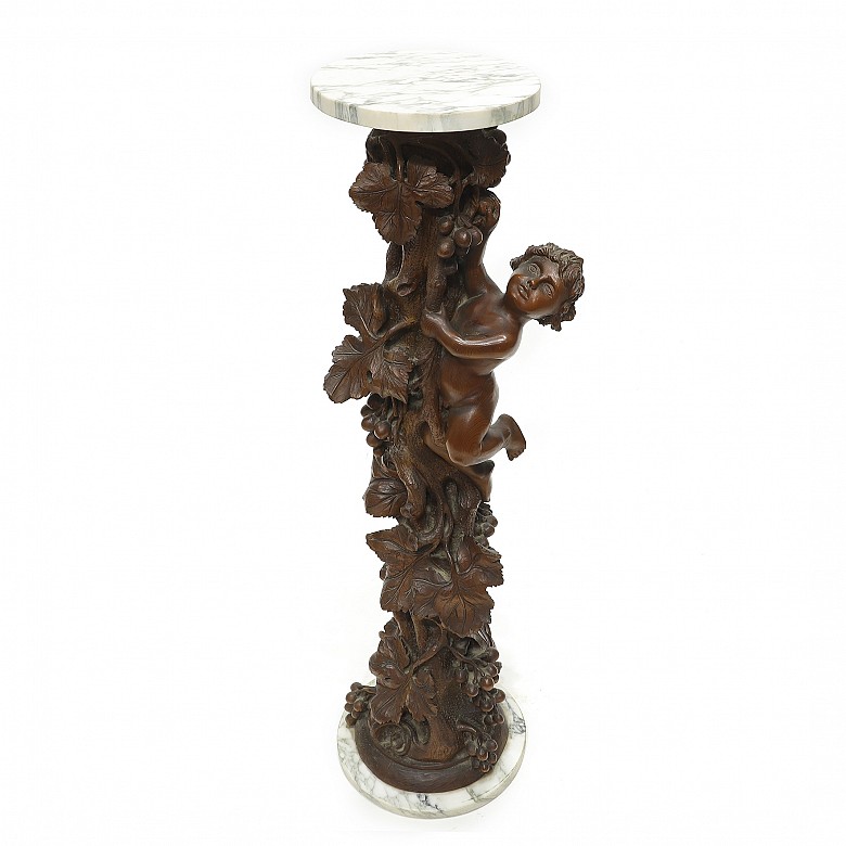 Vicente Andreu. Carved wooden column with marble, 20th century