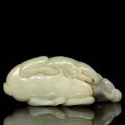 Carved jade figurine “Ram” with wooden base, Qing dynasty