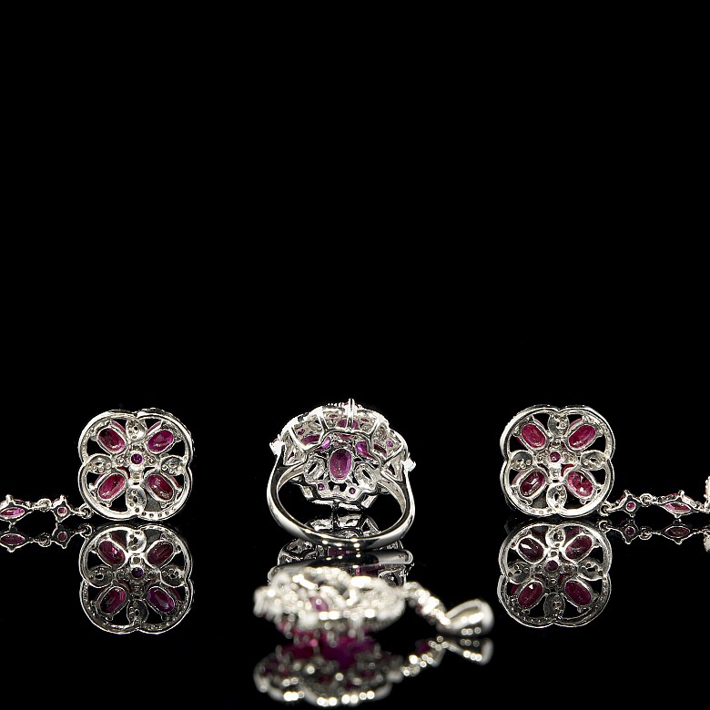 Set of ruby and diamond earrings, ring and pendant