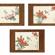 Three chinese paintings ‘Blossoming branches with birds’, 20th century