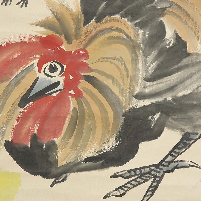 Chinese painting ‘Cockerel with chicks’, 20th century