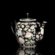 Porcelain enamelled, black family, ‘flowers’ teapot, 20th century