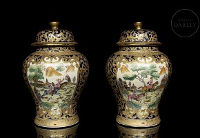 Pair of jars “Hunting”, 20th century