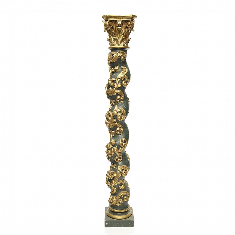 Solomonic carved and polychromed wooden column, 20th century