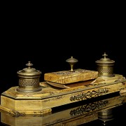 Double inkwell in yellow marble, Empire style, 19th century