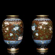 Pair of small enamelled bronze vases, 20th century