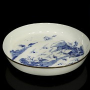 Porcelain dish with a landscape, blue and white, 20th century