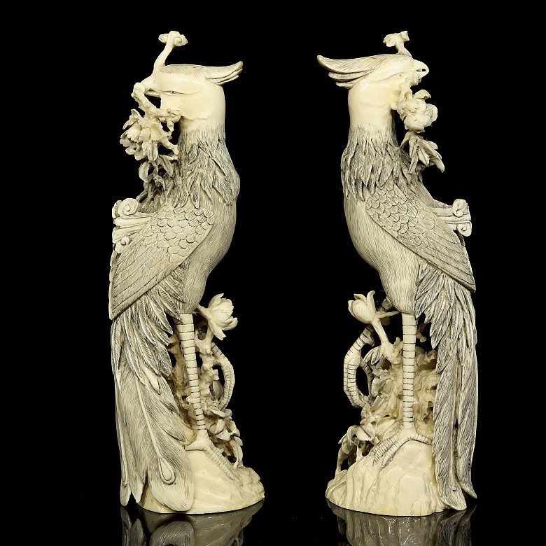 Pair of ivory carvings ‘Phoenix on branch’, early 20th century