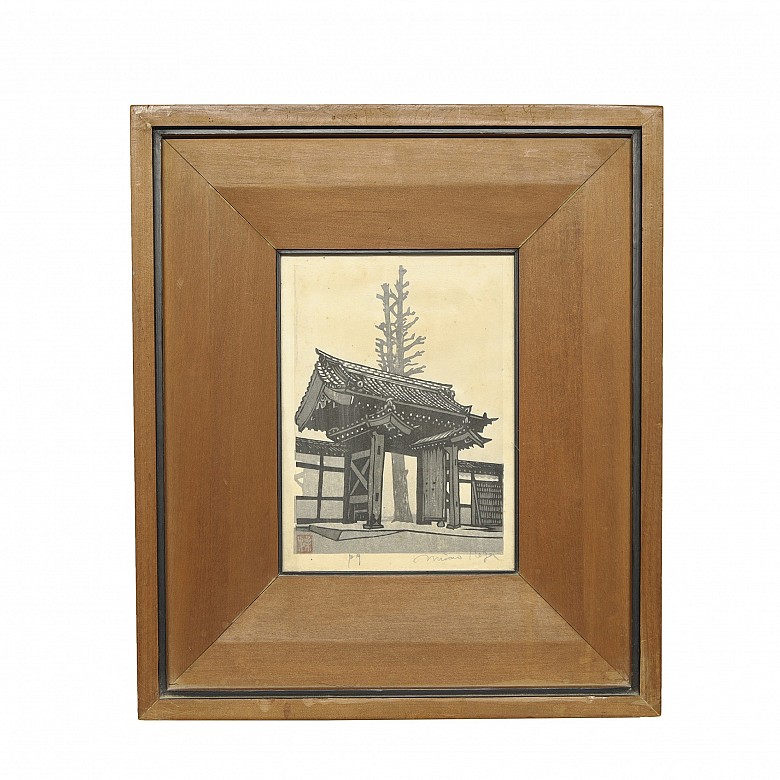 Asian engraving ‘Temple Gate’, 20th century