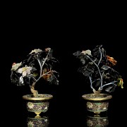 Pair of flowerpots with stone bonsai trees, 20th century