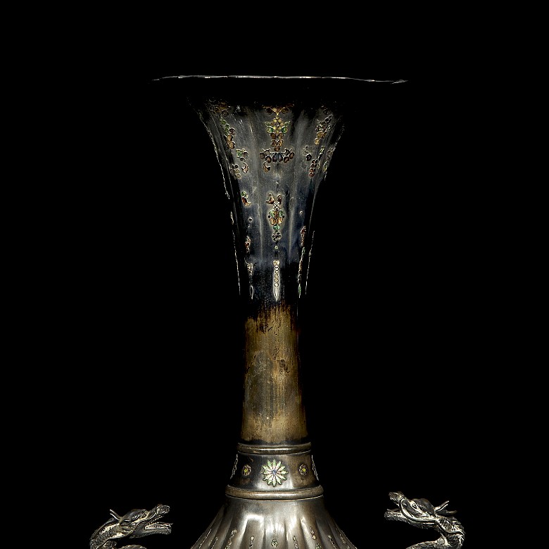 Carved ivory and silver enamelled vase, 19th century