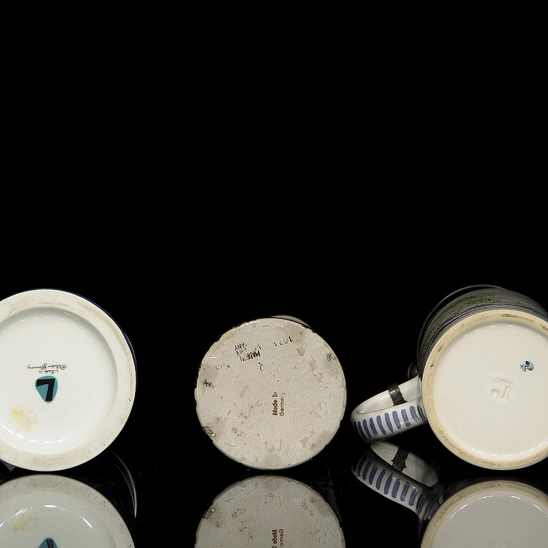 Three enamelled beer steins, 20th century