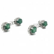 Pair of earrings in 18k white gold, diamonds and emeralds.