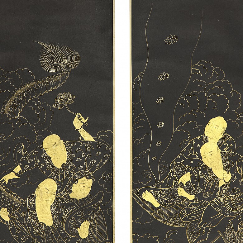 Pair of paintings ‘Wise men, dragon and heron’, 20th century