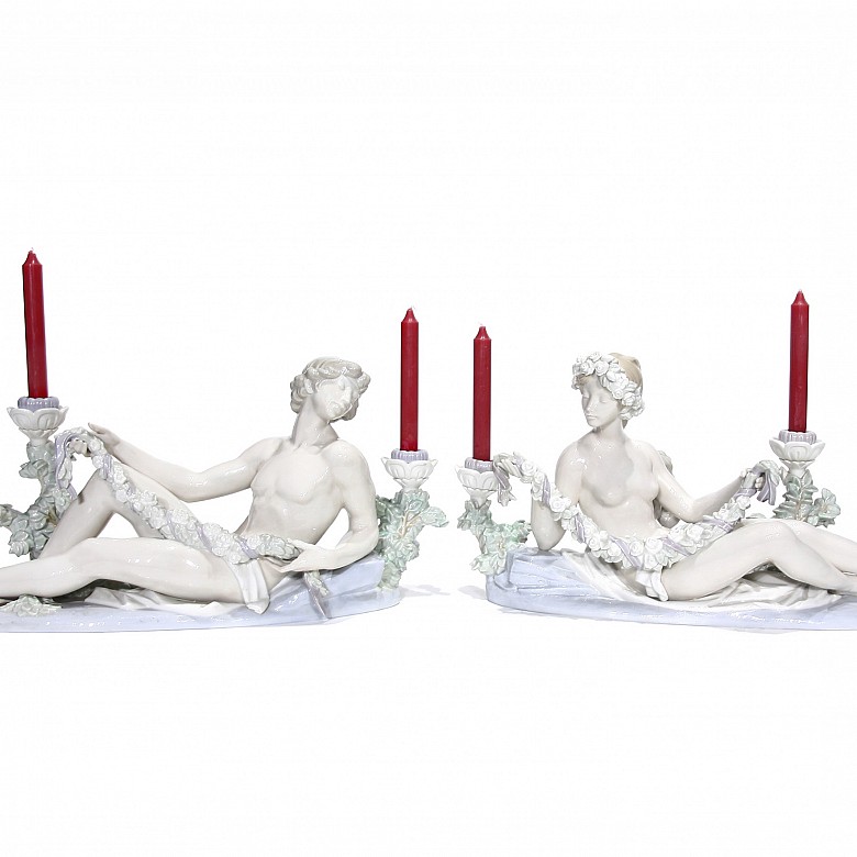 Lladró, pareja de candelabros “Venus y apolo”.