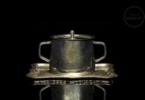 Silver sugar bowl with small tray, 20th century