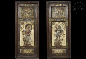 Pair of wooden panels ‘Oriental Women’, early 20th century