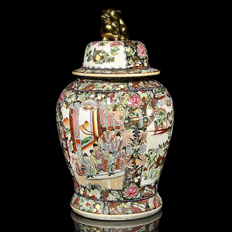 Enameled tibor with garden and palace scenes, 20th century