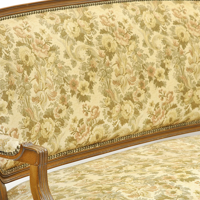 Set of wooden sofa and chairs with floral upholstery, 20th century