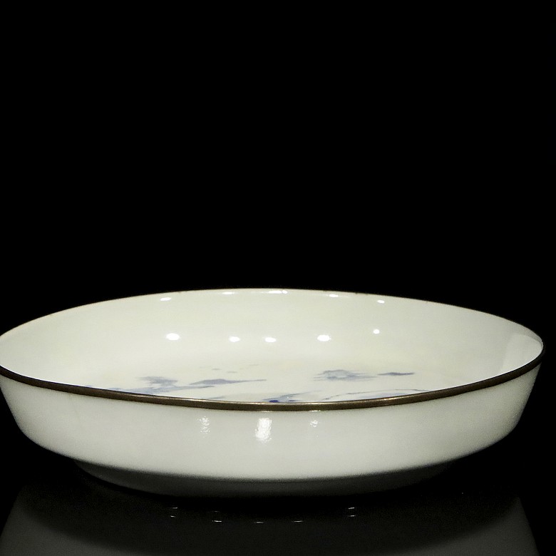 Porcelain dish with a landscape, blue and white, 20th century