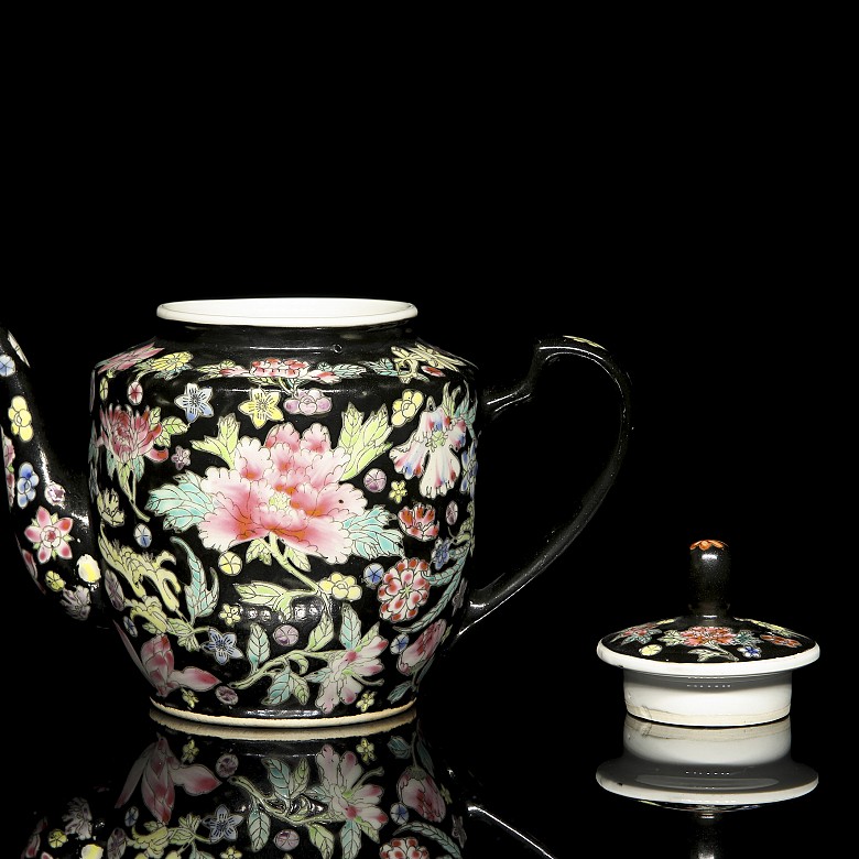 Porcelain enamelled, black family, ‘flowers’ teapot, 20th century