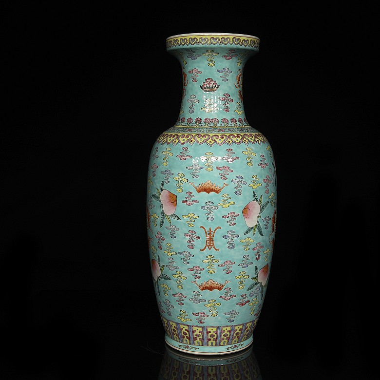 Large sky-blue vase with peaches, 20th century