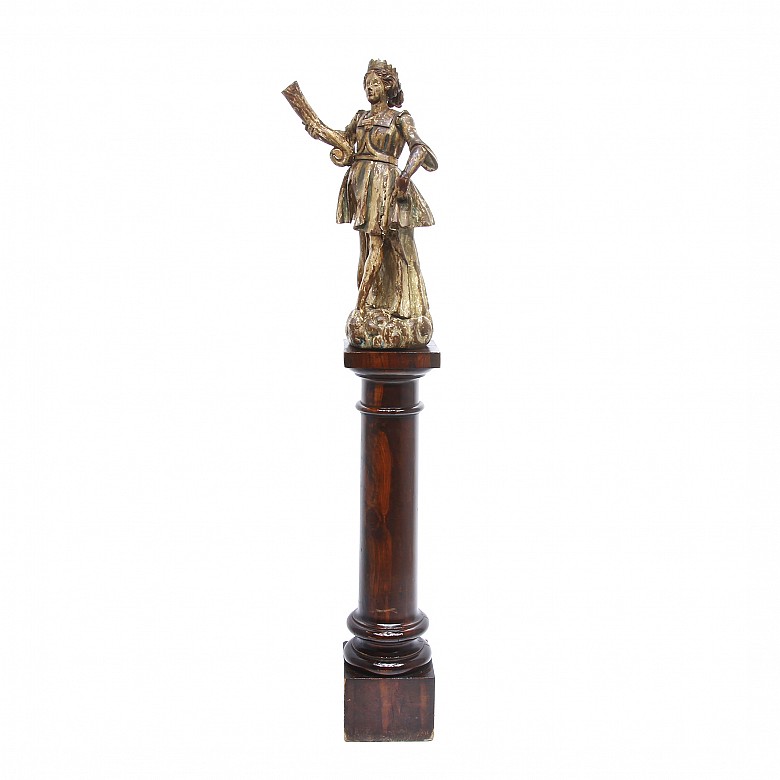 Polychrome wooden torchere and base.