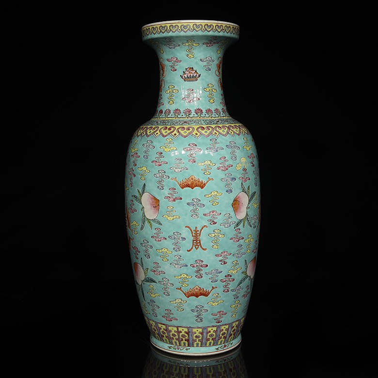 Large sky-blue vase with peaches, 20th century