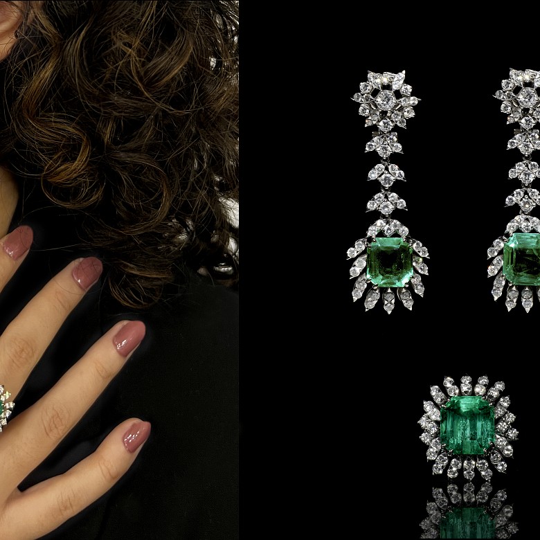 Set of platinum, colombian emerald and brilliant-cut diamonds earrings and ring