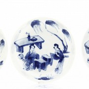 Set of three plates, blue and white, 20th century