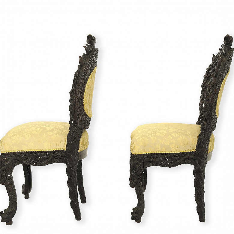 Pair of Thai carved wooden chairs, carved wood, 19th century