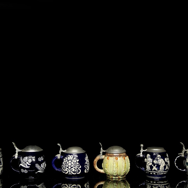 Six enamelled German beer steins, 20th century