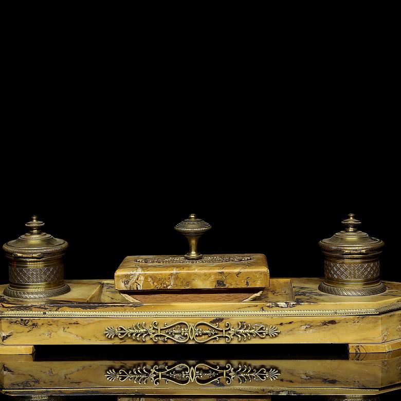 Double writing desk in yellow marble, Empire style, 19th century