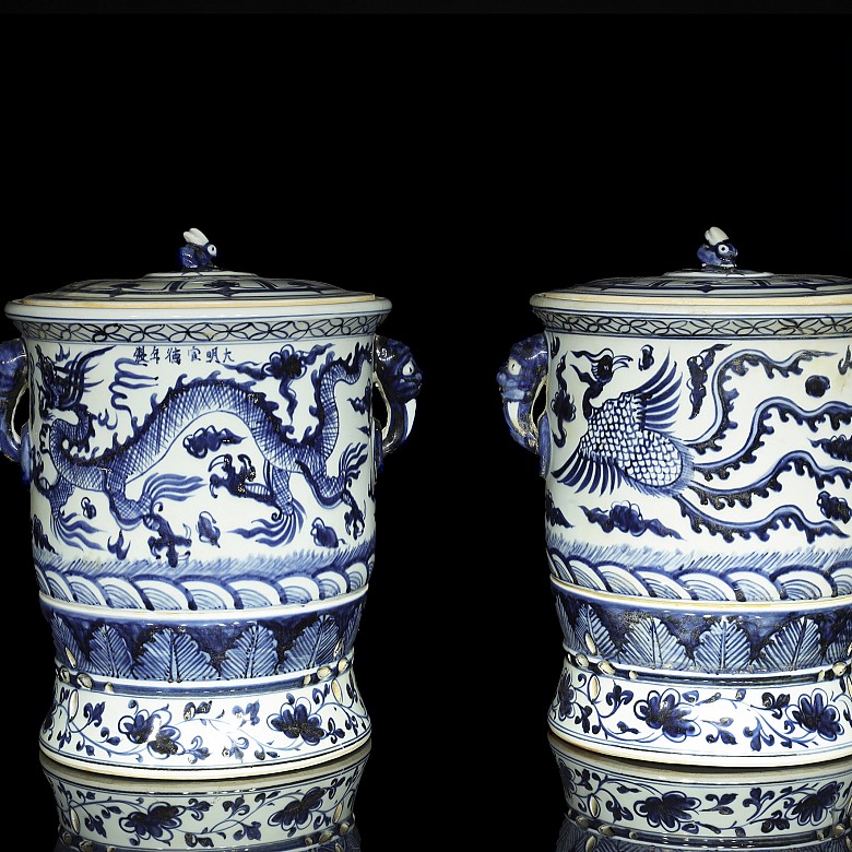 Pair of large lidded containers, 20th century