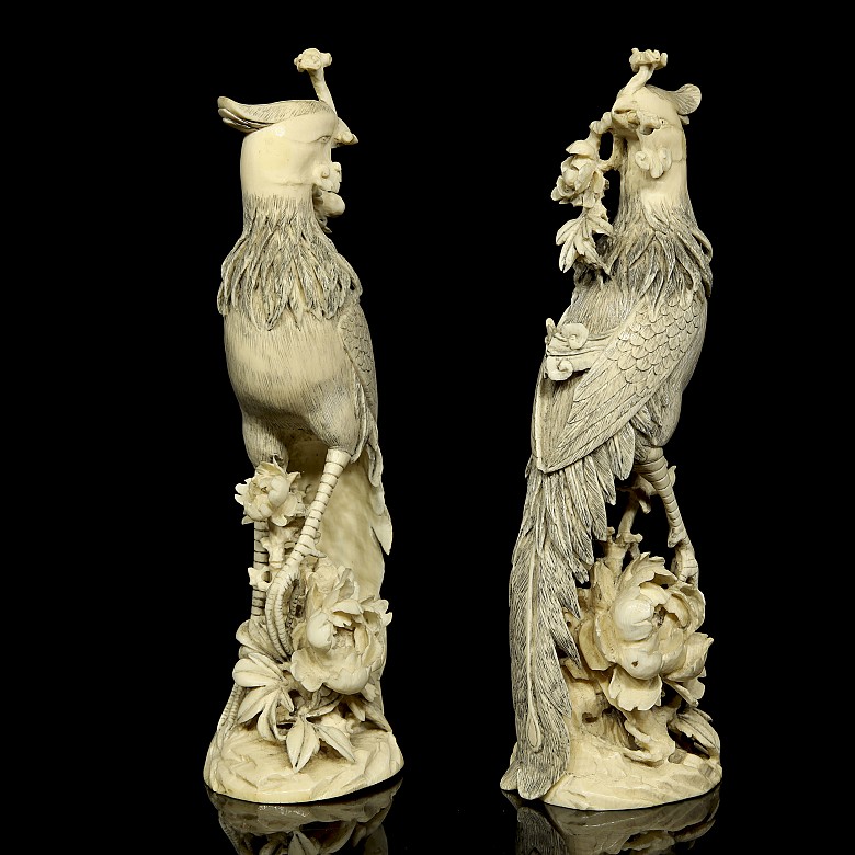 Pair of ivory carvings ‘Phoenix on branch’, early 20th century