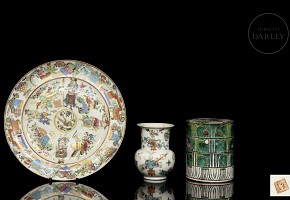 Three pieces of enamelled porcelain, 19th-20th century