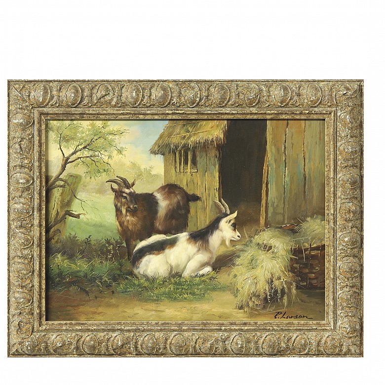 P. Larson (20th century) ‘Goats by the stable’