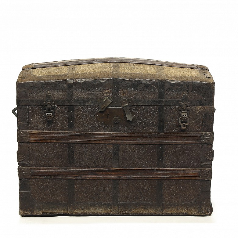 Metal and embossed leather chest, 19th century