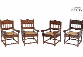 Four chairs with reliefs and grille seat, Asia, 20th century