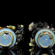 Pair of flowerpots with stone bonsai trees, 20th century