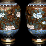 Pair of small enamelled bronze vases, 20th century