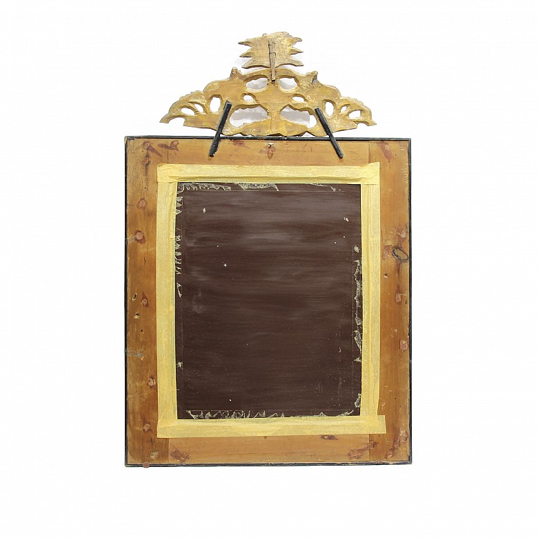 Mirror in veneered wood with carved and gilded crown, mid-20th century