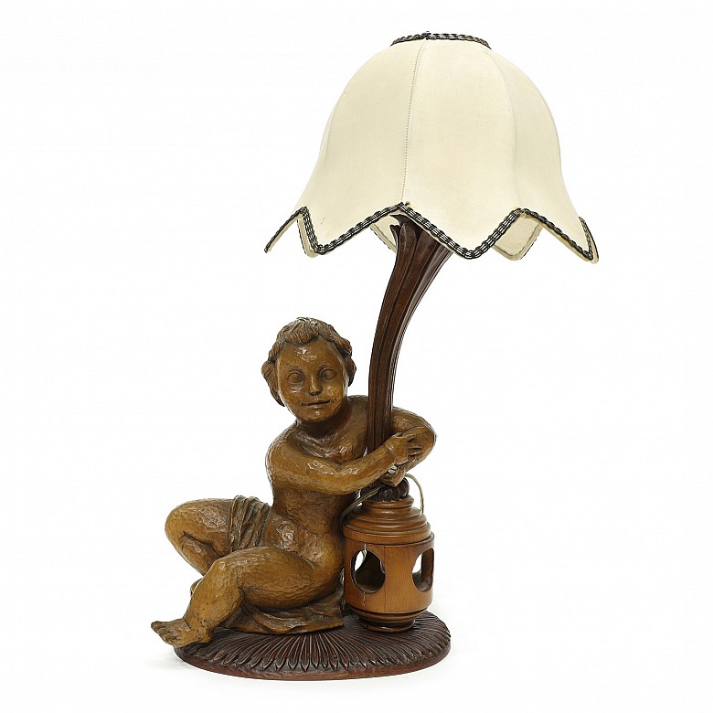 Vicente Andreu. Wooden lamp with sculpture, 20th century.