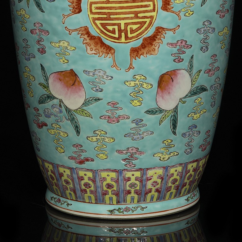 Large sky-blue vase with peaches, 20th century