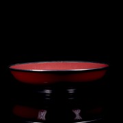 Red glazed porcelain dish with silver applications, Qing dynasty