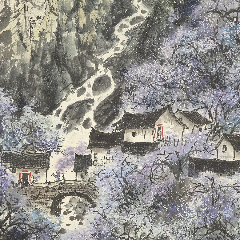 Chinese painting ‘Landscape with houses’, 20th century