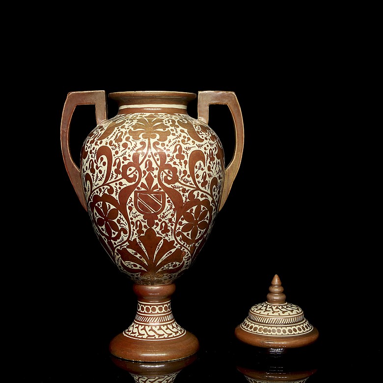 Large vase with porcelain handles and metallic lustre, 20th century