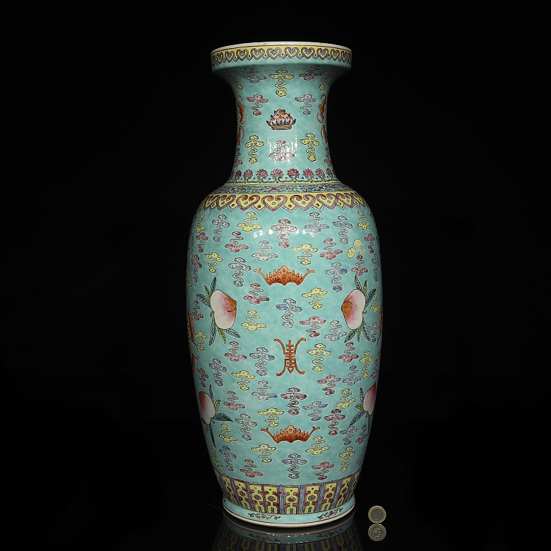 Large sky-blue vase with peaches, 20th century